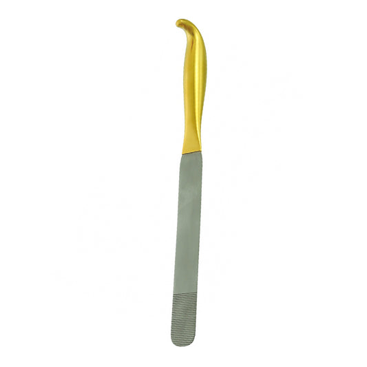 A metal grooming tool with a curved gold handle and a flat silver blade, shown vertically on a plain white background.