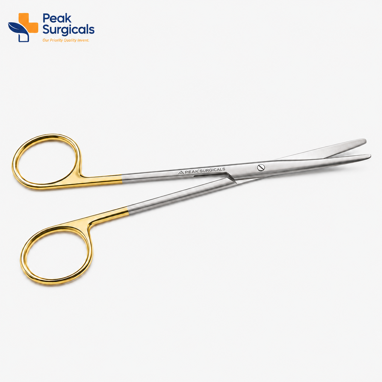 Peak Surgicals stainless steel surgical scissors with gold handles shown in side view on a clean white background