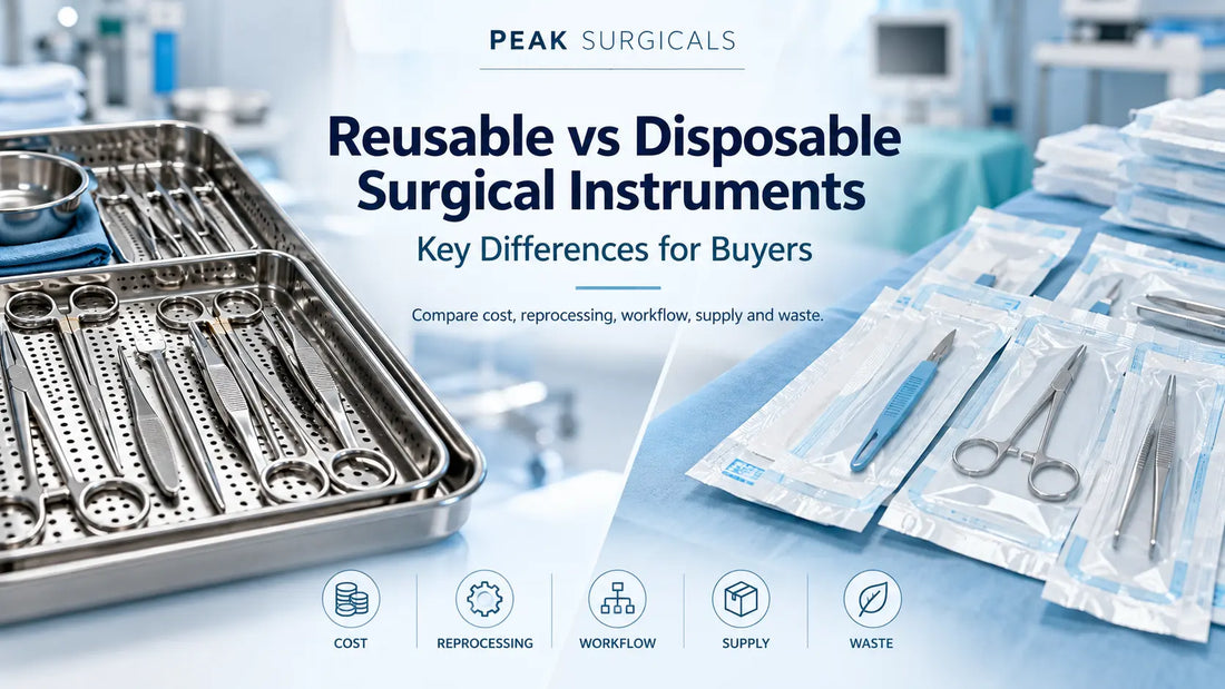 Reusable surgical instruments in a tray beside sealed single-use surgical instruments