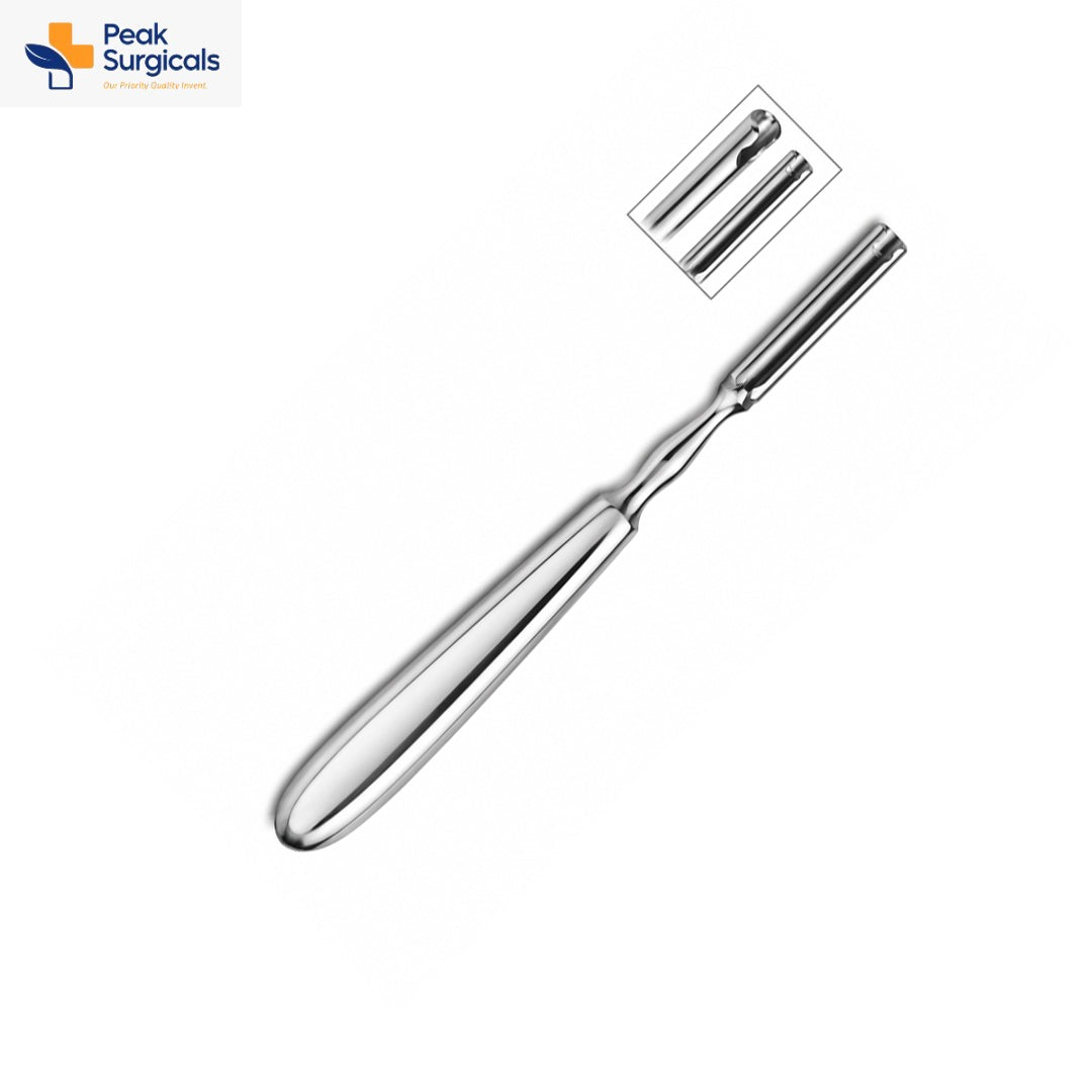 Grooved surgical elevator with contoured stainless steel handle and slotted working tip
