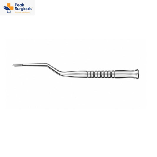 Angled dental spatula with flat rounded working tip and ribbed stainless steel handle.1