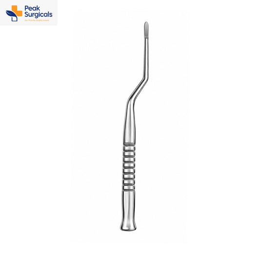 Angled dental spatula with flat rounded working tip and ribbed stainless steel handle.