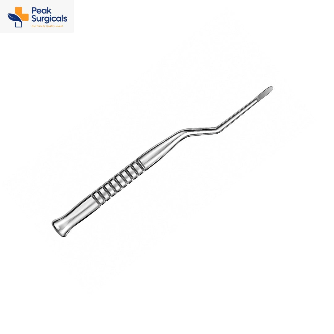 Angled dental spatula with flat rounded working tip and ribbed stainless steel handle.