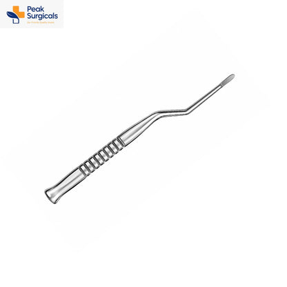 Angled dental spatula with flat rounded working tip and ribbed stainless steel handle.