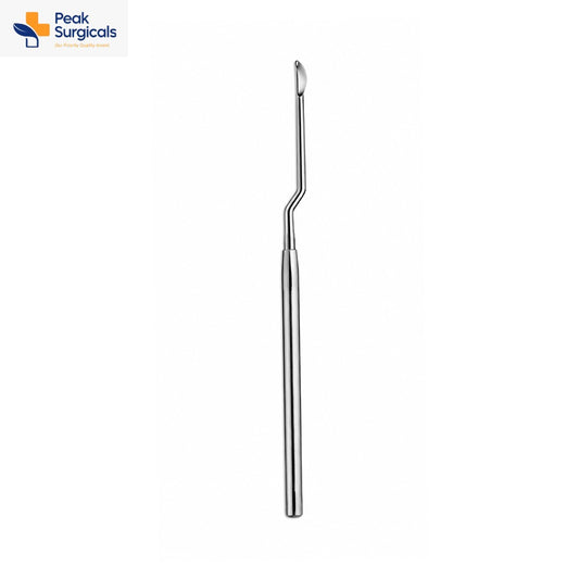 Angled spoon curette with long stainless steel handle for surgical tissue and bone curettage.