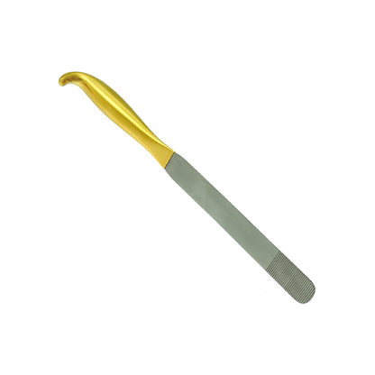 A metal nail file with a curved gold-colored handle and a textured gray abrasive side, shown diagonally on a plain white background.