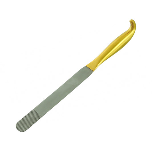 A metal nail file or emery board with a textured gray metal blade and a polished gold-colored handle, shown diagonally on a plain white background.