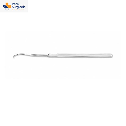 Curved dental explorer with fine hooked tip and stainless steel handle.
