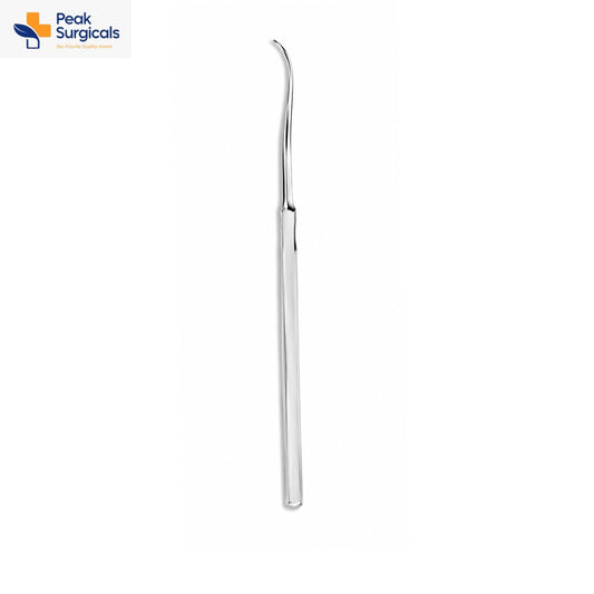 Curved dental explorer with fine hooked tip and stainless steel handle