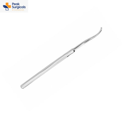 Curved dental explorer with fine hooked tip and stainless steel handle