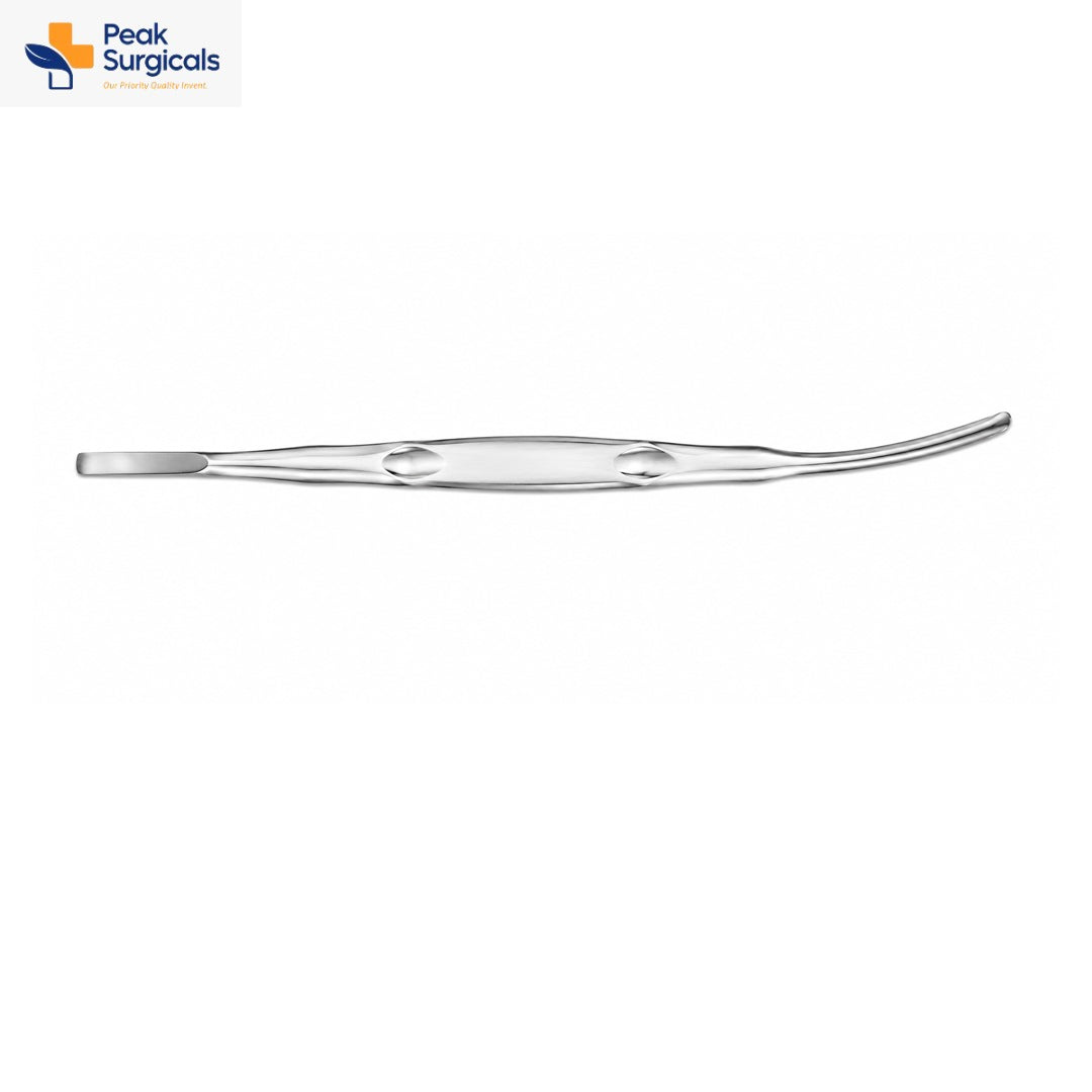Czerny retractor with flat curved stainless steel blade and central oval fenestrated handle