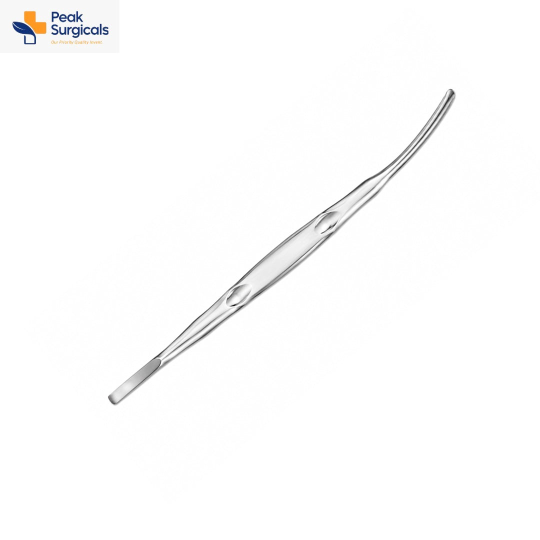 Czerny retractor with flat curved stainless steel blade and central oval fenestrated handle
