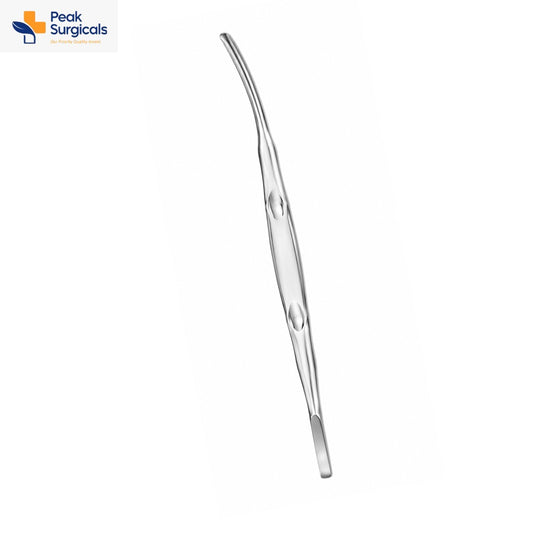 Czerny retractor with flat curved stainless steel blade and central oval fenestrated handle