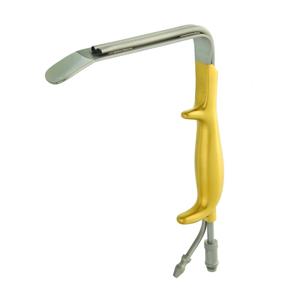 A curved metal tool with a yellow ergonomic handle and gray connector at the bottom, photographed on a plain white background.