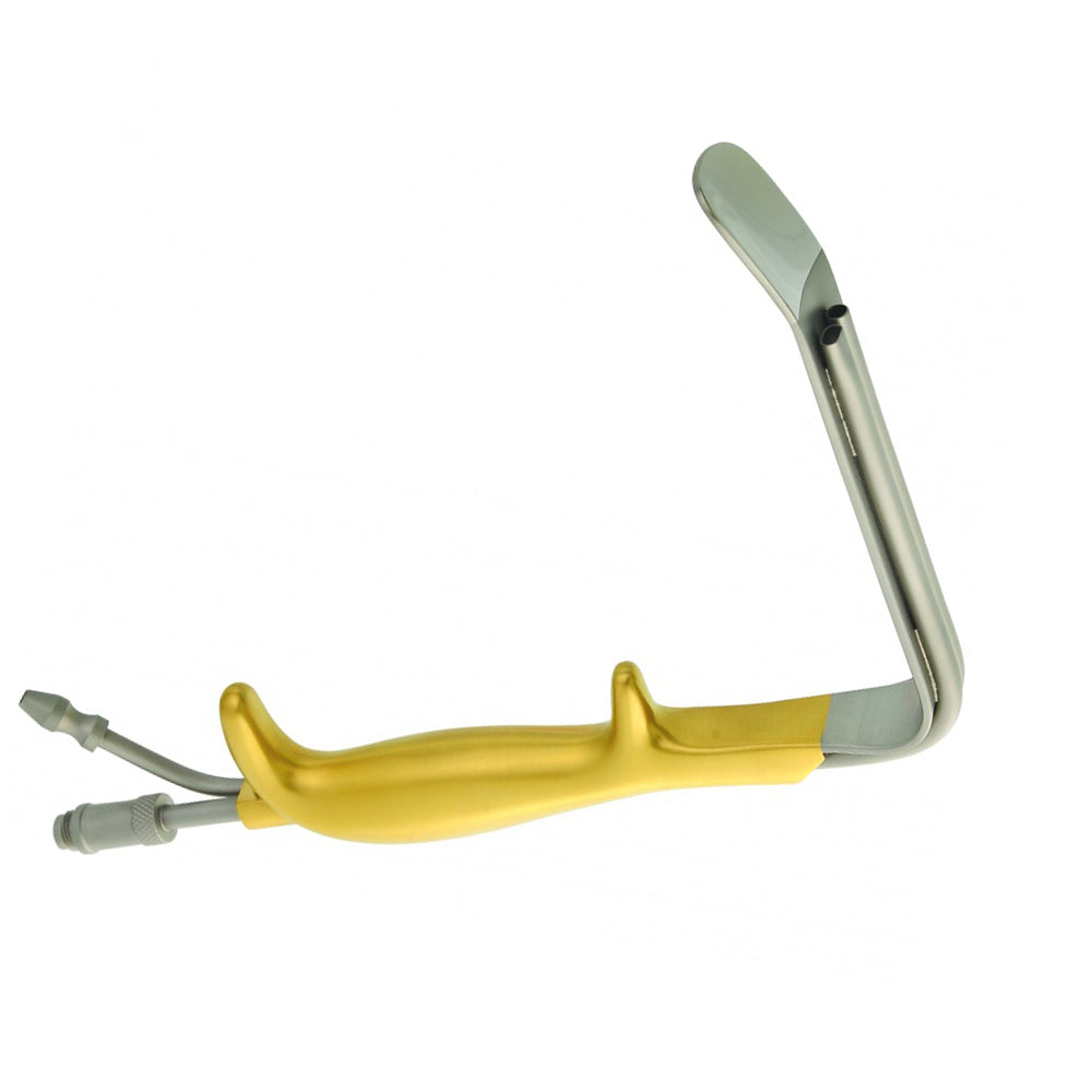 A medical laparoscopic instrument with a yellow ergonomic handle and silver metal shafts, shown against a plain white background.