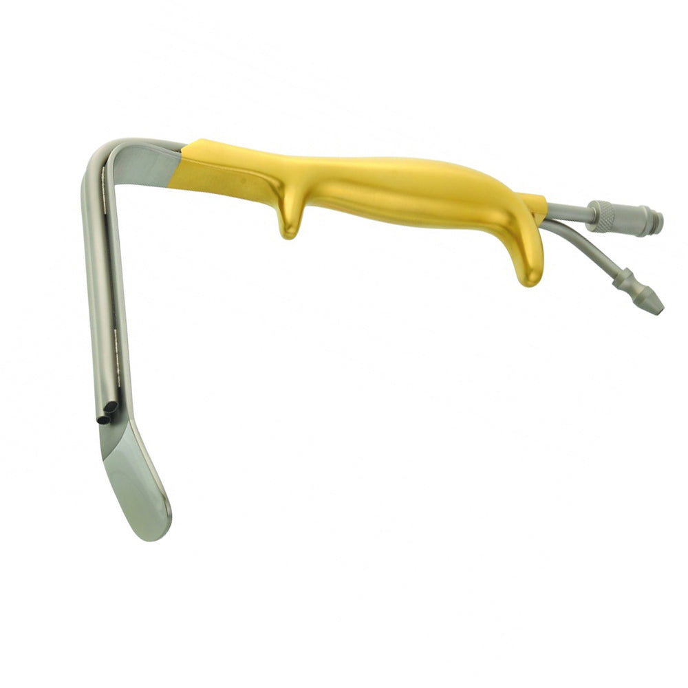 A medical instrument with a metallic silver body and a bright yellow ergonomic handle, shown against a plain white background.