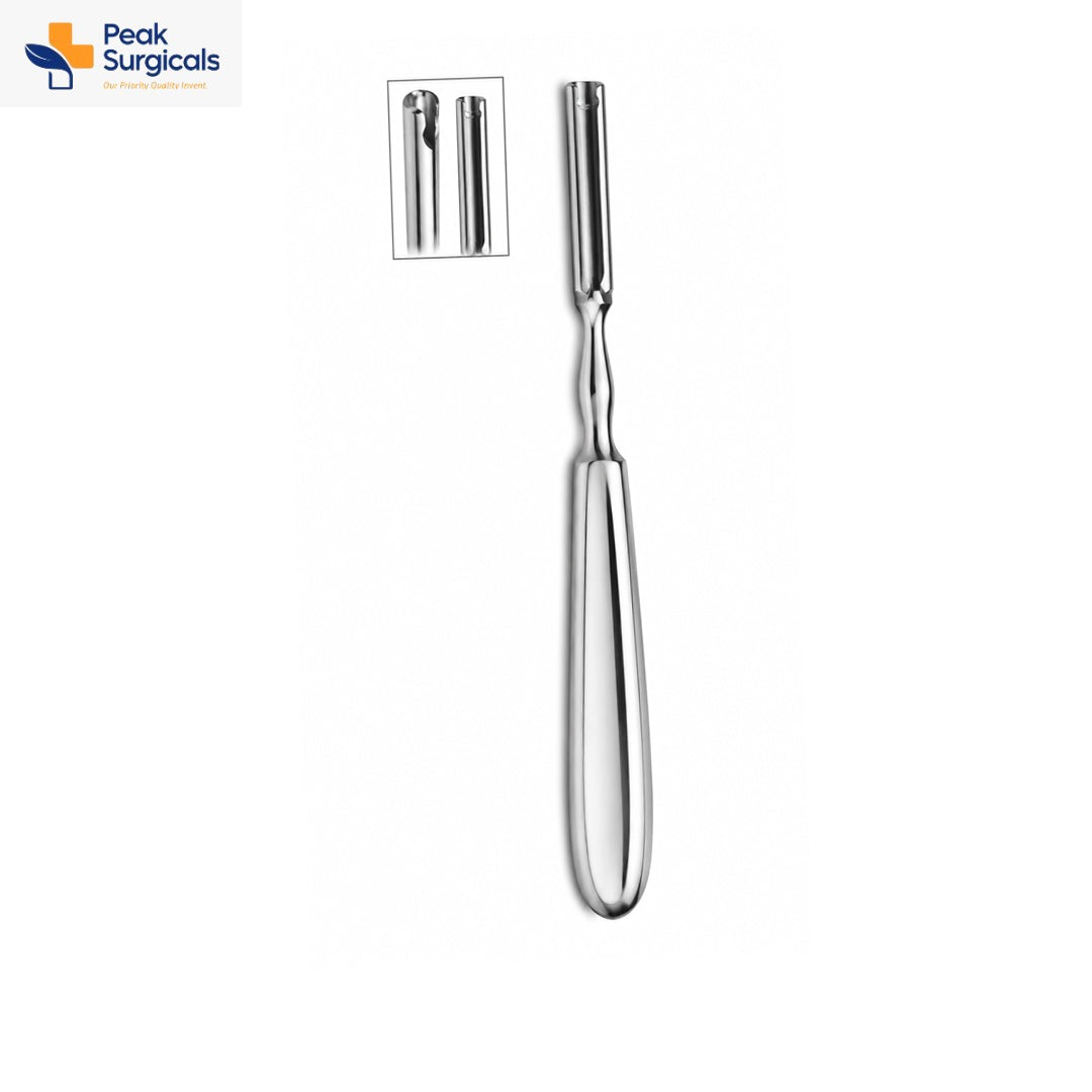 Grooved surgical elevator with contoured stainless steel handle and slotted working tip