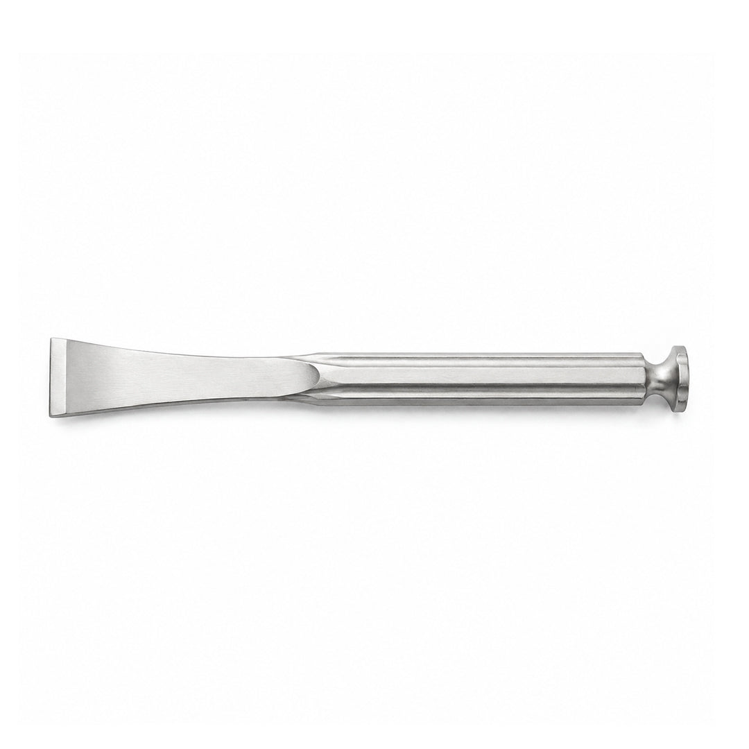 Straight Lambotte osteotome with wide stainless-steel blade and impact cap