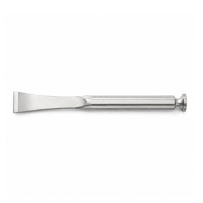 Straight Lambotte osteotome with wide stainless-steel blade and impact cap