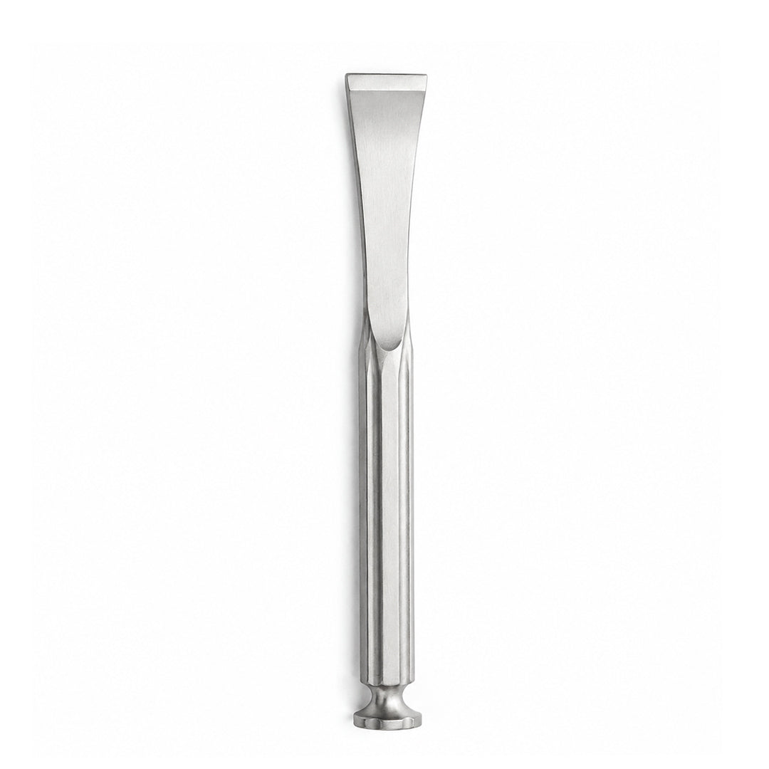 Straight Lambotte osteotome with wide stainless-steel blade and impact cap