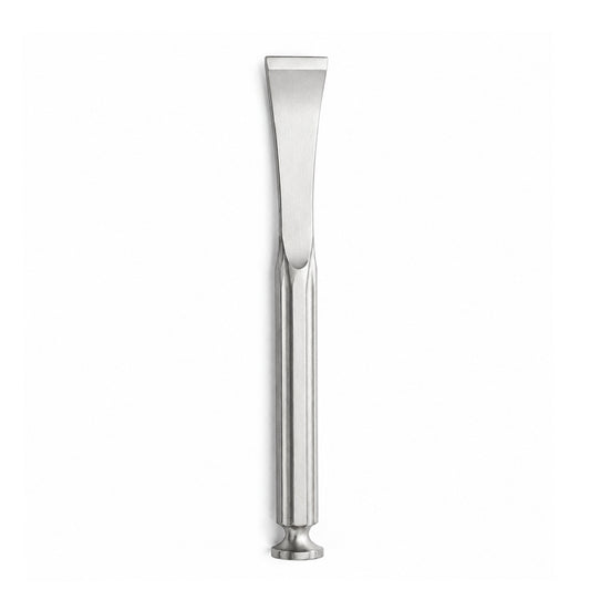 Straight Lambotte osteotome with wide stainless-steel blade and impact cap