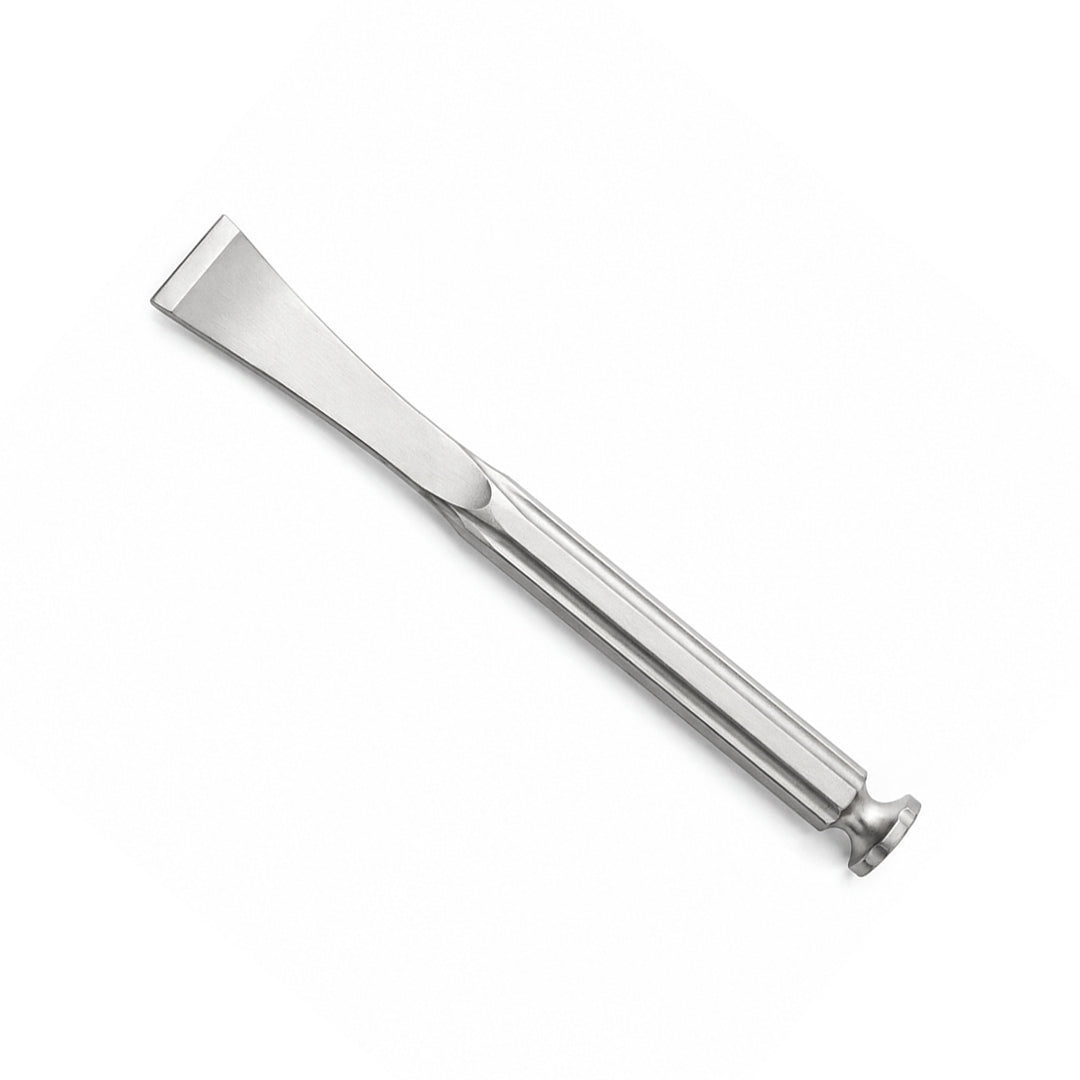 Straight Lambotte osteotome with wide stainless-steel blade and impact cap