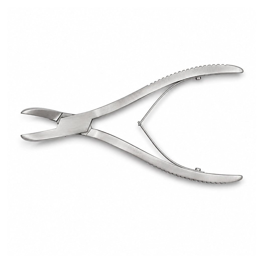 Angled Liston bone cutting forceps with spring handles and stainless-steel blades
