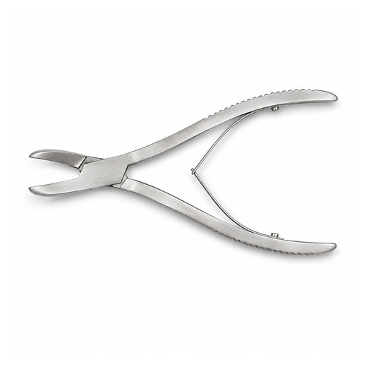 Angled Liston bone cutting forceps with spring handles and stainless-steel blades
