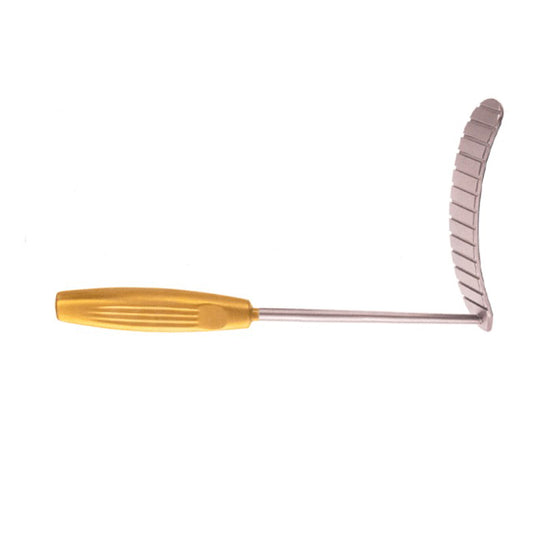 A curved metal grooming tool with a ribbed yellow handle, shown against a plain white background.