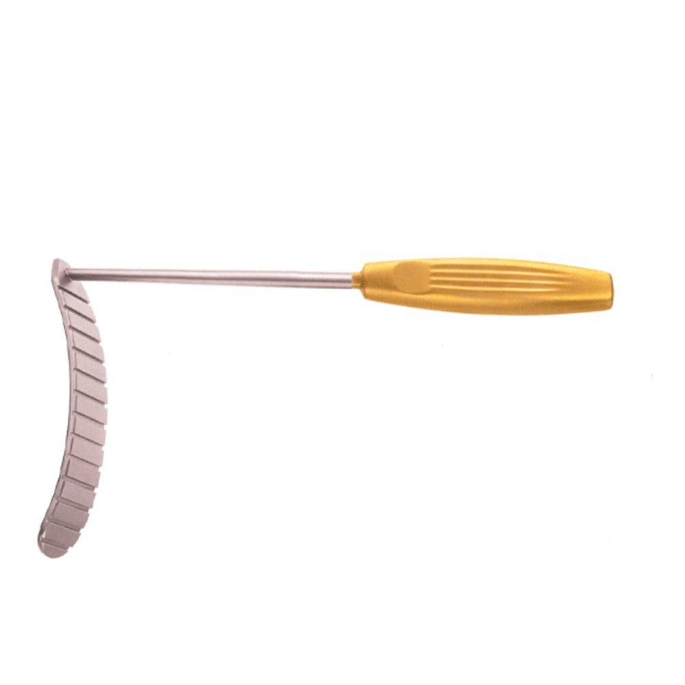 A curved metal grooming tool with a textured silver head and a ribbed yellow handle, shown against a plain white background.