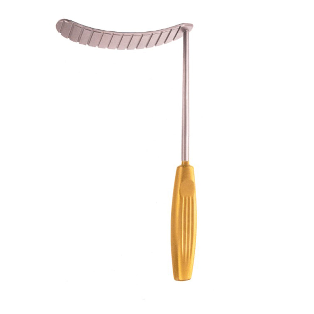 A curved metal ear-cleaning tool with a textured yellow handle, shown against a plain white background.