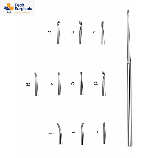 Universal curette handle with interchangeable surgical instrument tips a-j