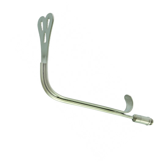 A polished stainless steel curved hook with a flat mounting plate, shown on a plain white background.