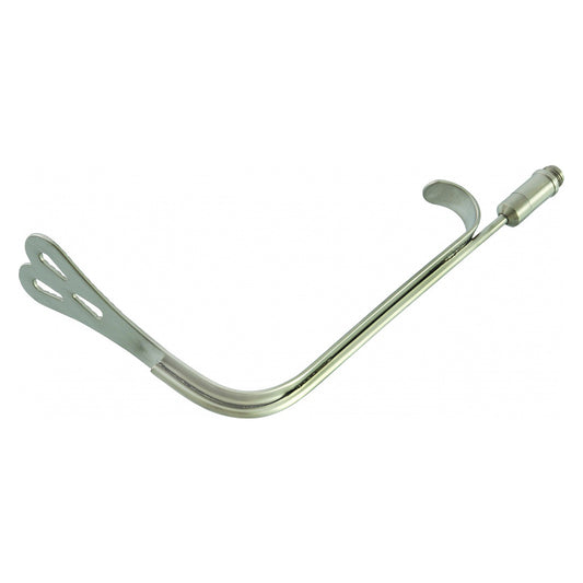 A curved stainless steel medical instrument with a perforated hook on one end and a cylindrical handle on the other, shown on a plain white background.