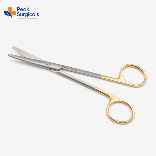 Peak Surgicals stainless steel surgical scissors with gold handles shown in diagonal view on a white background
