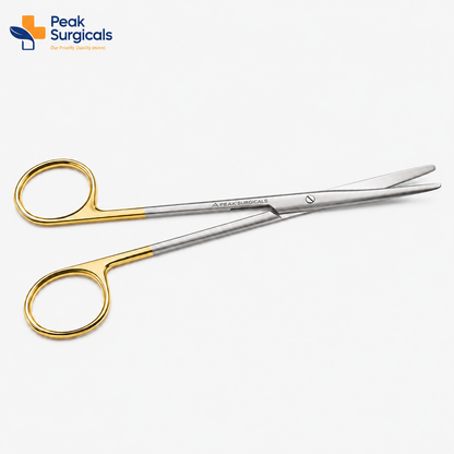 Peak Surgicals stainless steel surgical scissors with gold handles shown in side view on a clean white background