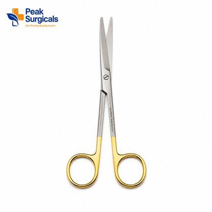 Peak Surgicals stainless steel surgical scissors with gold handles shown in vertical view on a clean white background