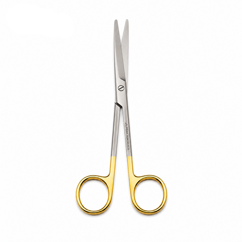 Tungsten carbide Metzenbaum dissecting scissors with gold handles indicating carbide blade inserts