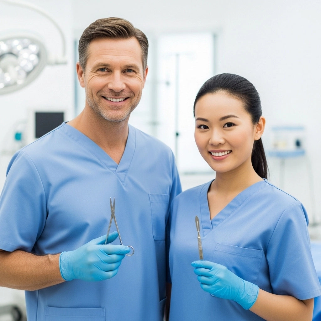 Healthcare professionals holding surgical instruments in a clinical setting